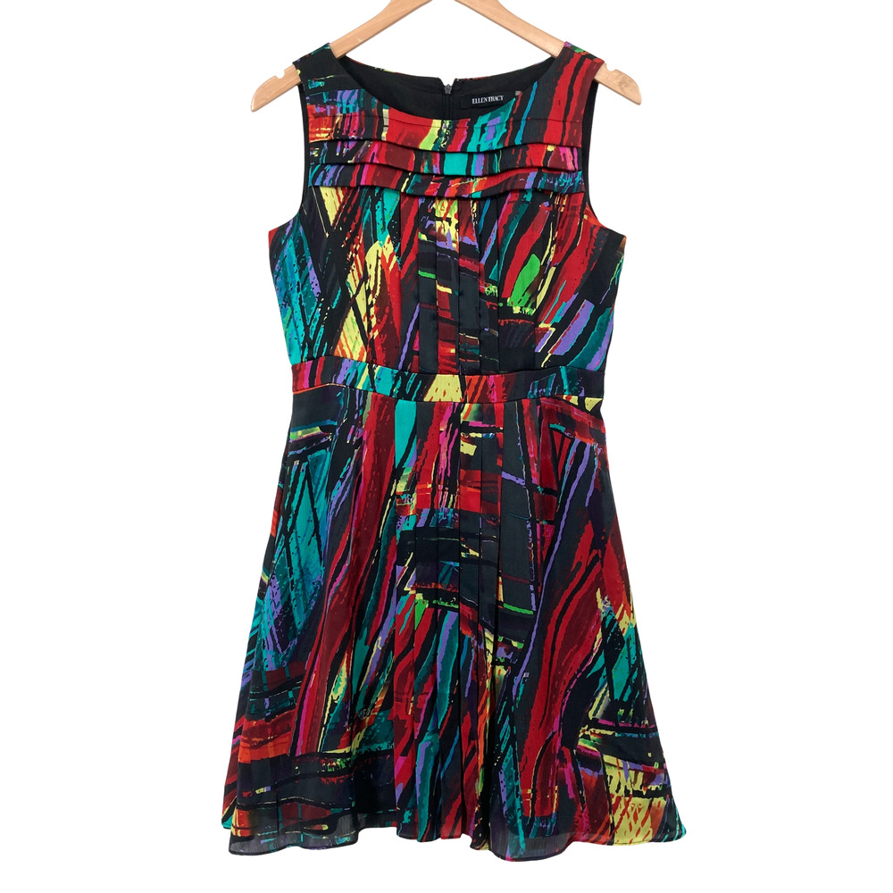 Ellen Tracy Multicolor Abstract Print Pleated Sleeveless Dress 10 Petite Artsy